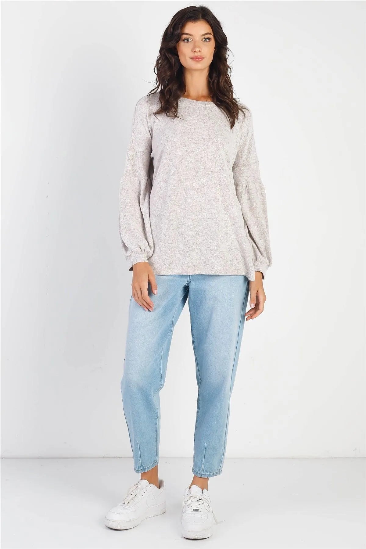 Taupe Round Neck Juliette Long Sleeve Top /1-1-1 - Tasha Apparel Wholesale