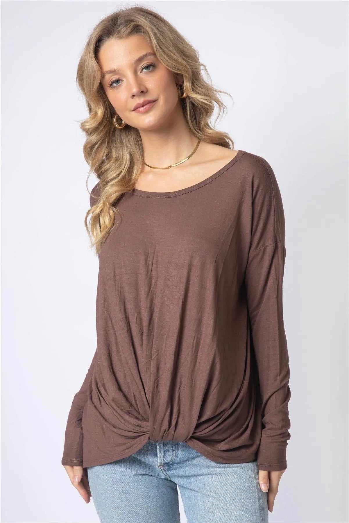 Mocha Front Twisted Detail Long Sleeve Top /1-1-1 - Tasha Apparel Wholesale