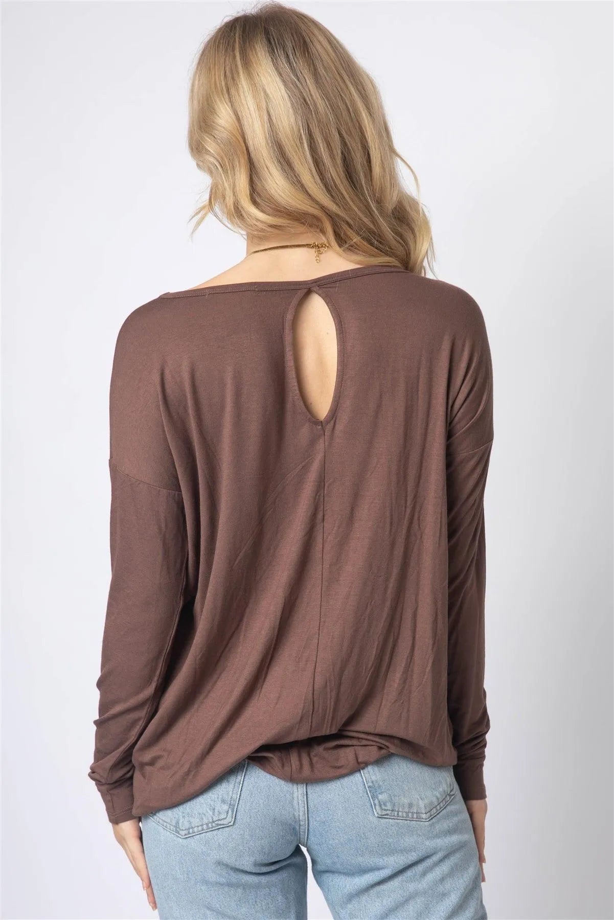 Mocha Front Twisted Detail Long Sleeve Top /1-1-1 - Tasha Apparel Wholesale