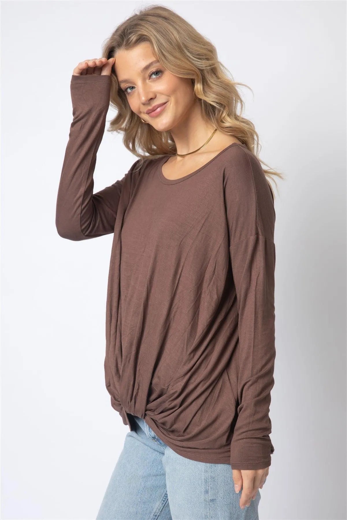 Mocha Front Twisted Detail Long Sleeve Top /1-1-1 - Tasha Apparel Wholesale