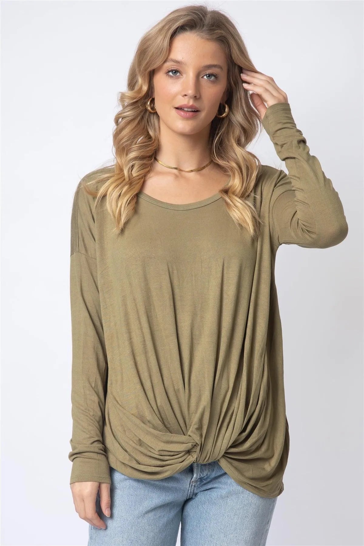 Olive Front Twisted Detail Long Sleeve Top /1-1-1 - Tasha Apparel Wholesale