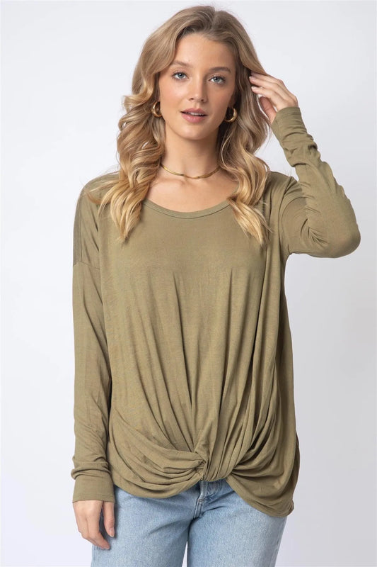 Olive Front Twisted Detail Long Sleeve Top /1-1-1 - Tasha Apparel Wholesale