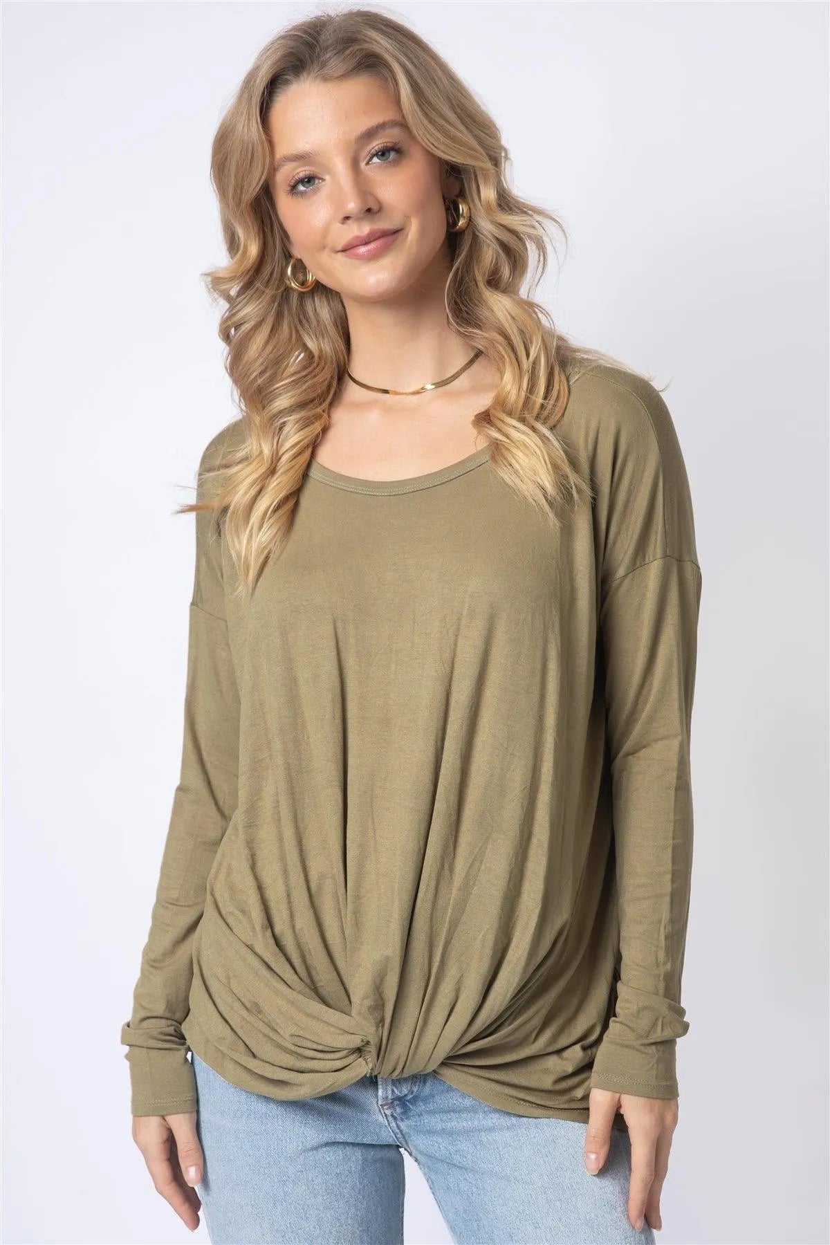 Olive Front Twisted Detail Long Sleeve Top /1-1-1 - Tasha Apparel Wholesale