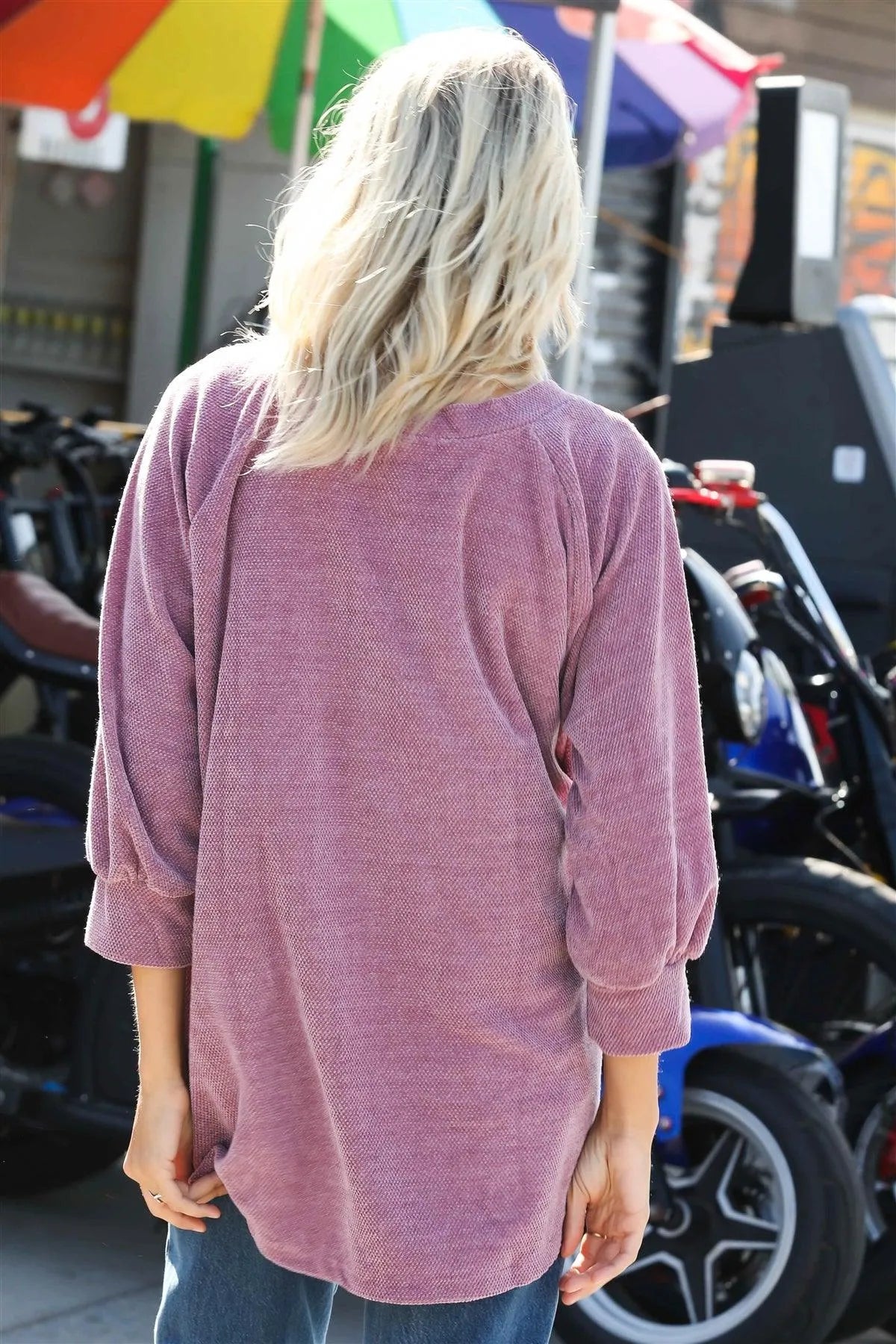 Mauve Velvet Textured V-Neck Balloon Sleeve Top /1-1-1 - Tasha Apparel Wholesale