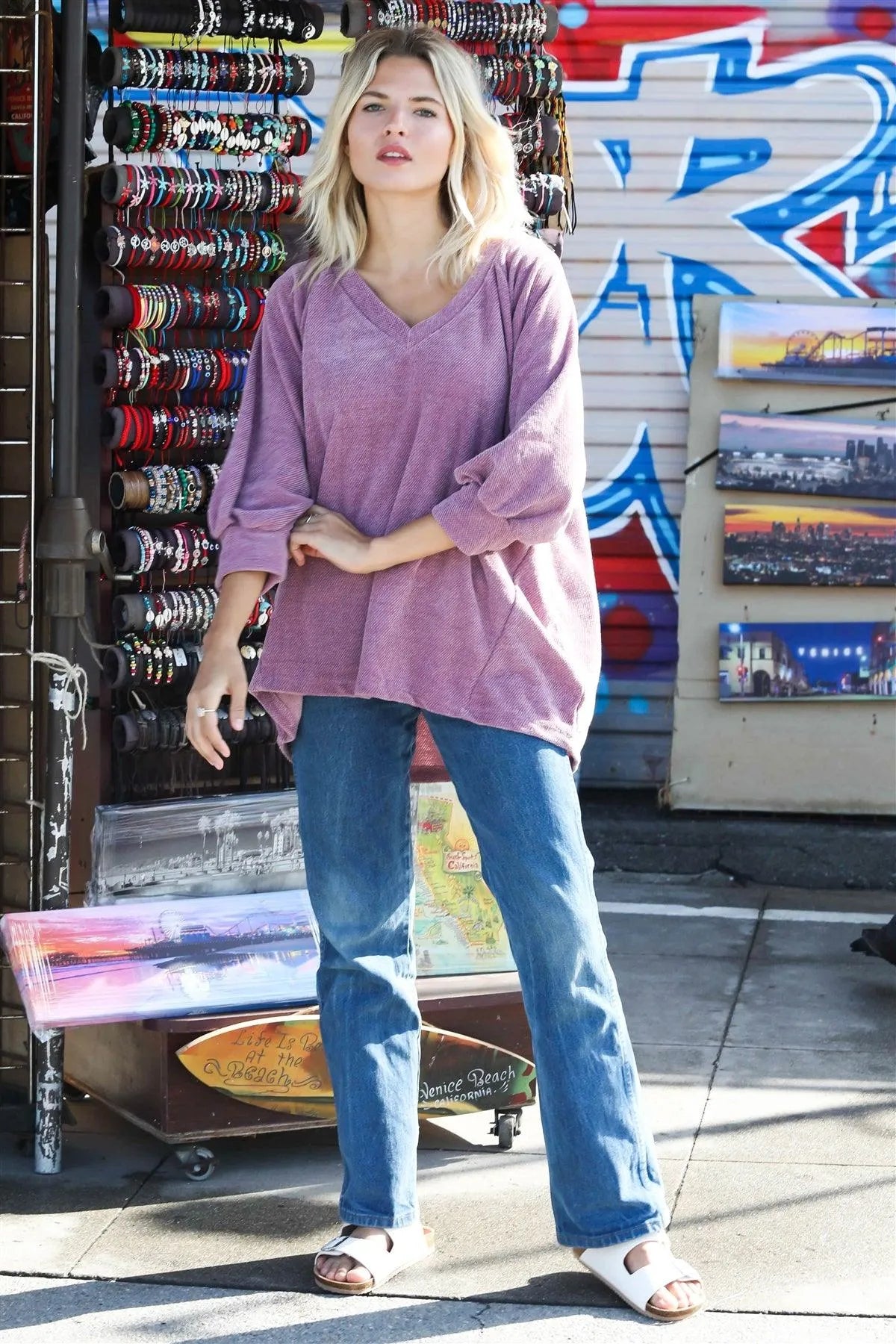 Mauve Velvet Textured V-Neck Balloon Sleeve Top /1-1-1 - Tasha Apparel Wholesale