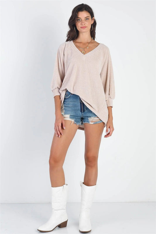 Taupe Velvet Textured V-Neck Midi Balloon Sleeve Sweater /1-1-1 - Tasha Apparel Wholesale