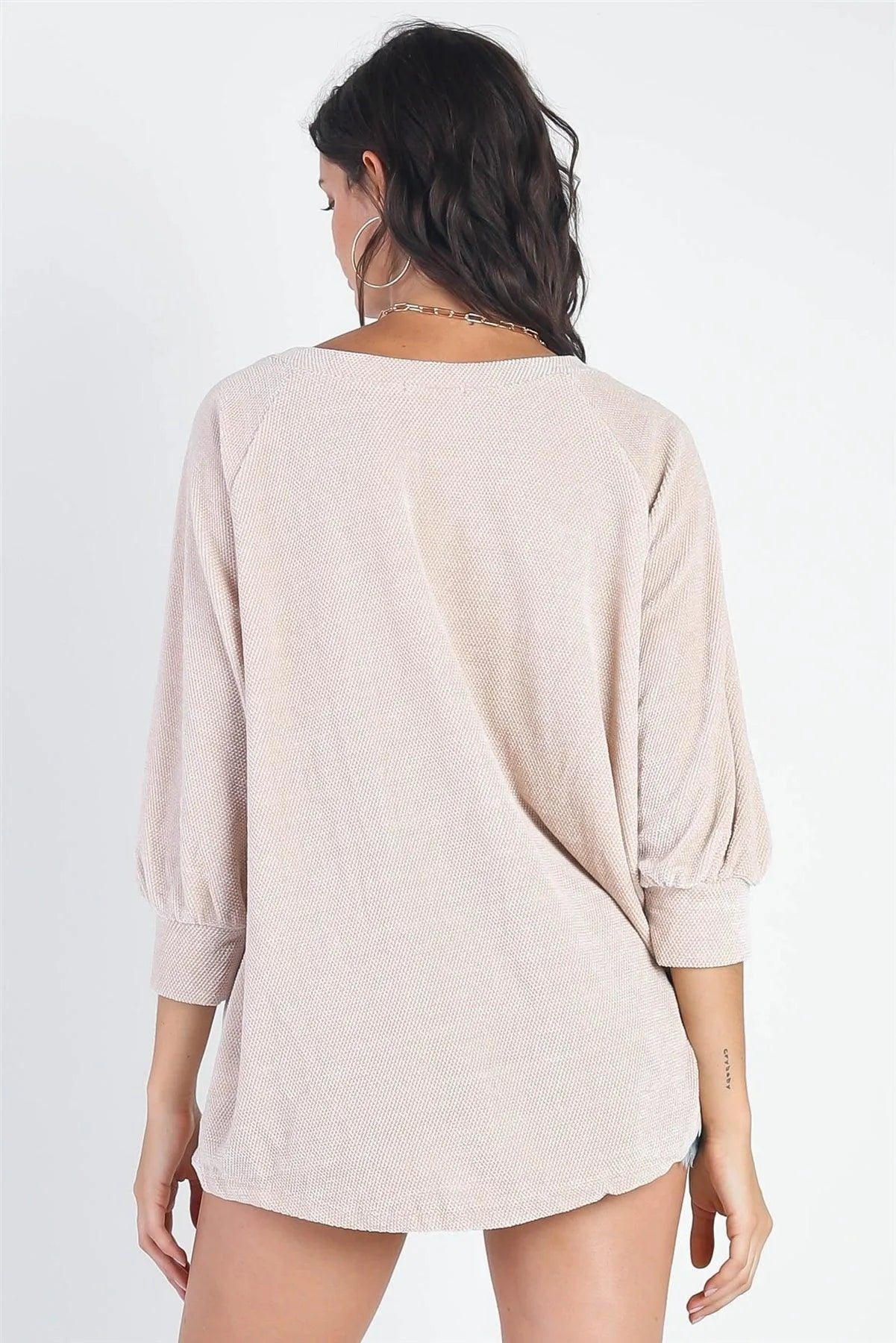 Taupe Velvet Textured V-Neck Midi Balloon Sleeve Sweater /1-1-1 - Tasha Apparel Wholesale