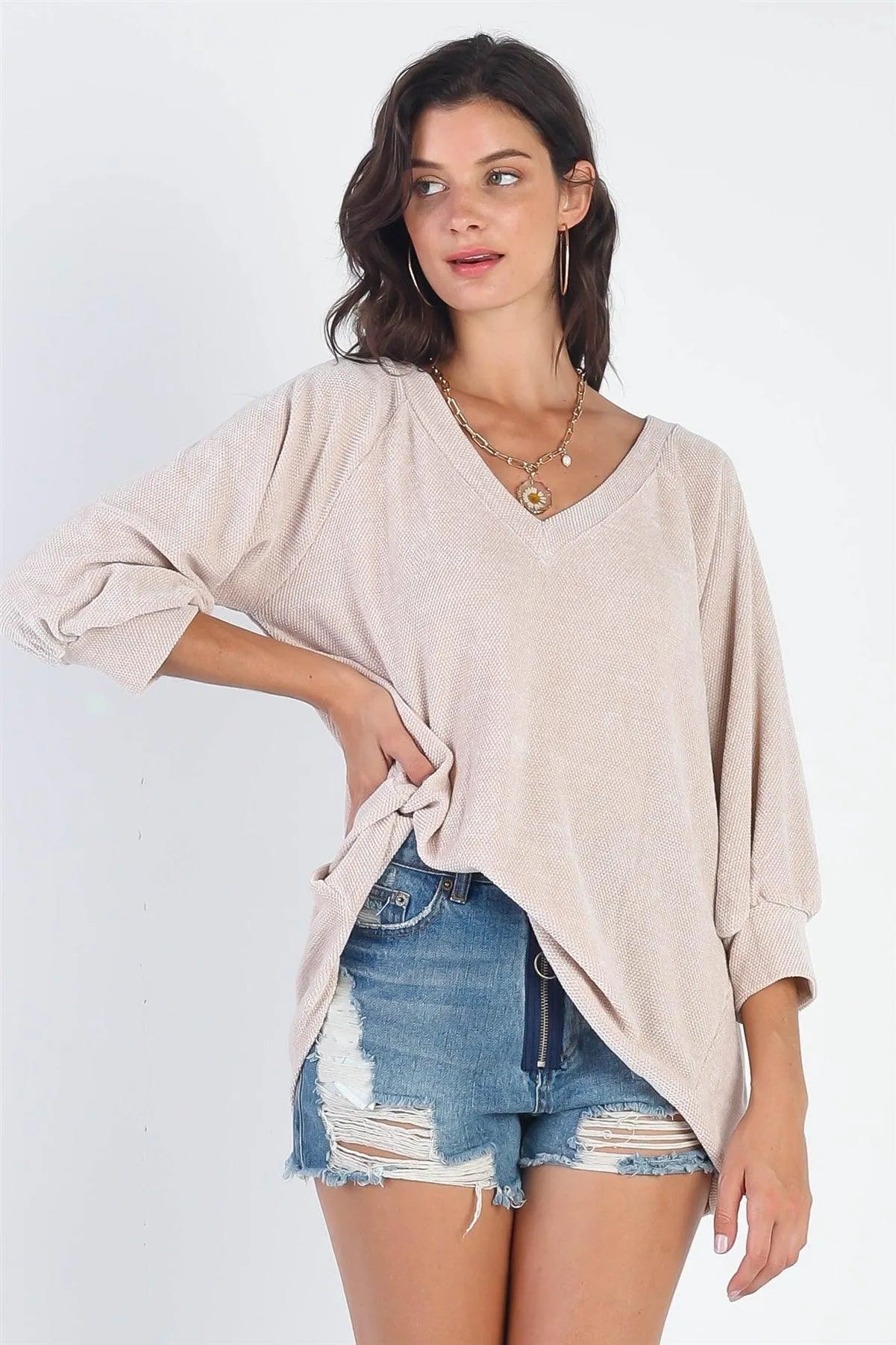 Taupe Velvet Textured V-Neck Midi Balloon Sleeve Sweater /1-1-1 - Tasha Apparel Wholesale
