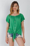 Green Off-The-Shoulder Button Up Detail Self-Tie Hem Top /1-1-1 - Tasha Apparel Wholesale