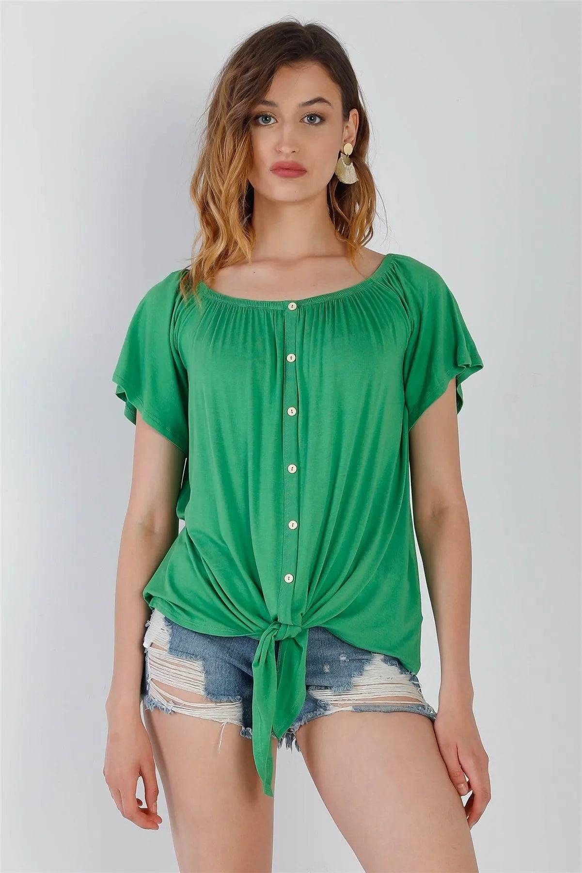 Green Off-The-Shoulder Button Up Detail Self-Tie Hem Top /1-1-1 - Tasha Apparel Wholesale
