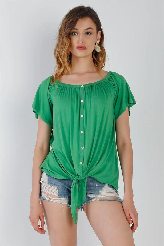 Green Off-The-Shoulder Button Up Detail Self-Tie Hem Top /1-1-1 - Tasha Apparel Wholesale