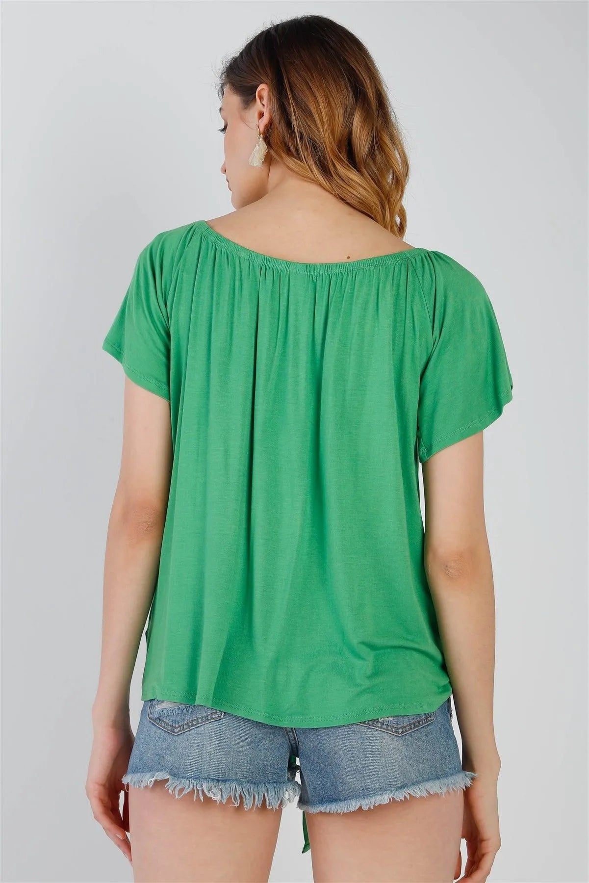 Green Off-The-Shoulder Button Up Detail Self-Tie Hem Top /1-1-1 - Tasha Apparel Wholesale