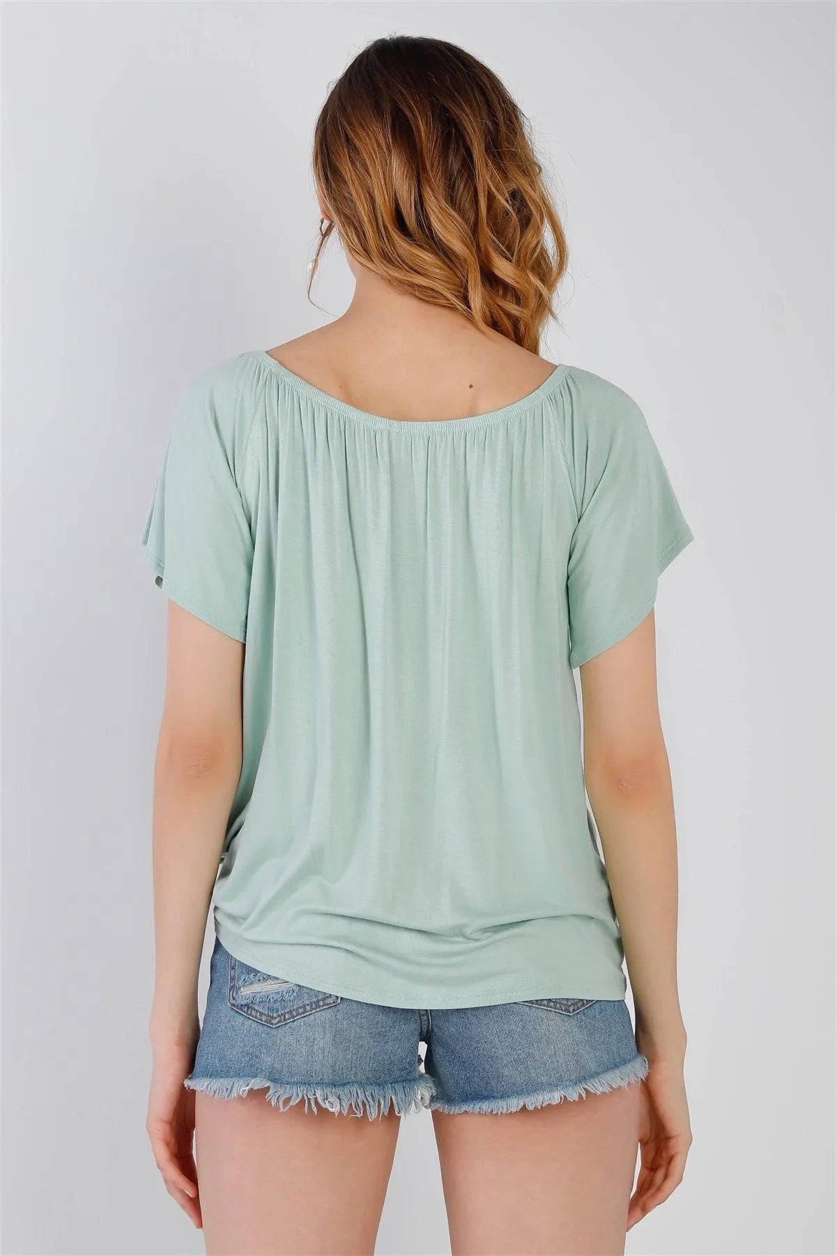 Sage Off-The-Shoulder Button Up Detail Self-Tie Hem Top /1-1-1 - Tasha Apparel Wholesale