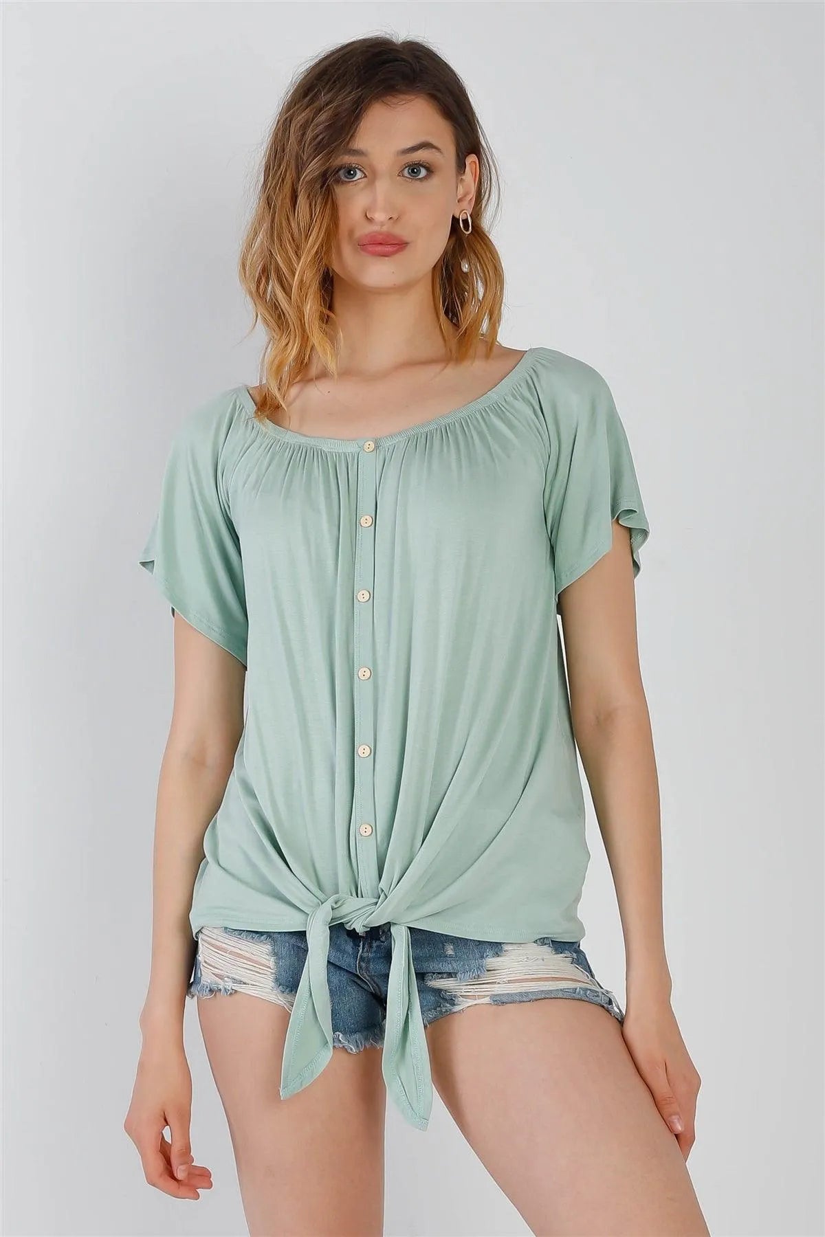 Sage Off-The-Shoulder Button Up Detail Self-Tie Hem Top /1-1-1 - Tasha Apparel Wholesale