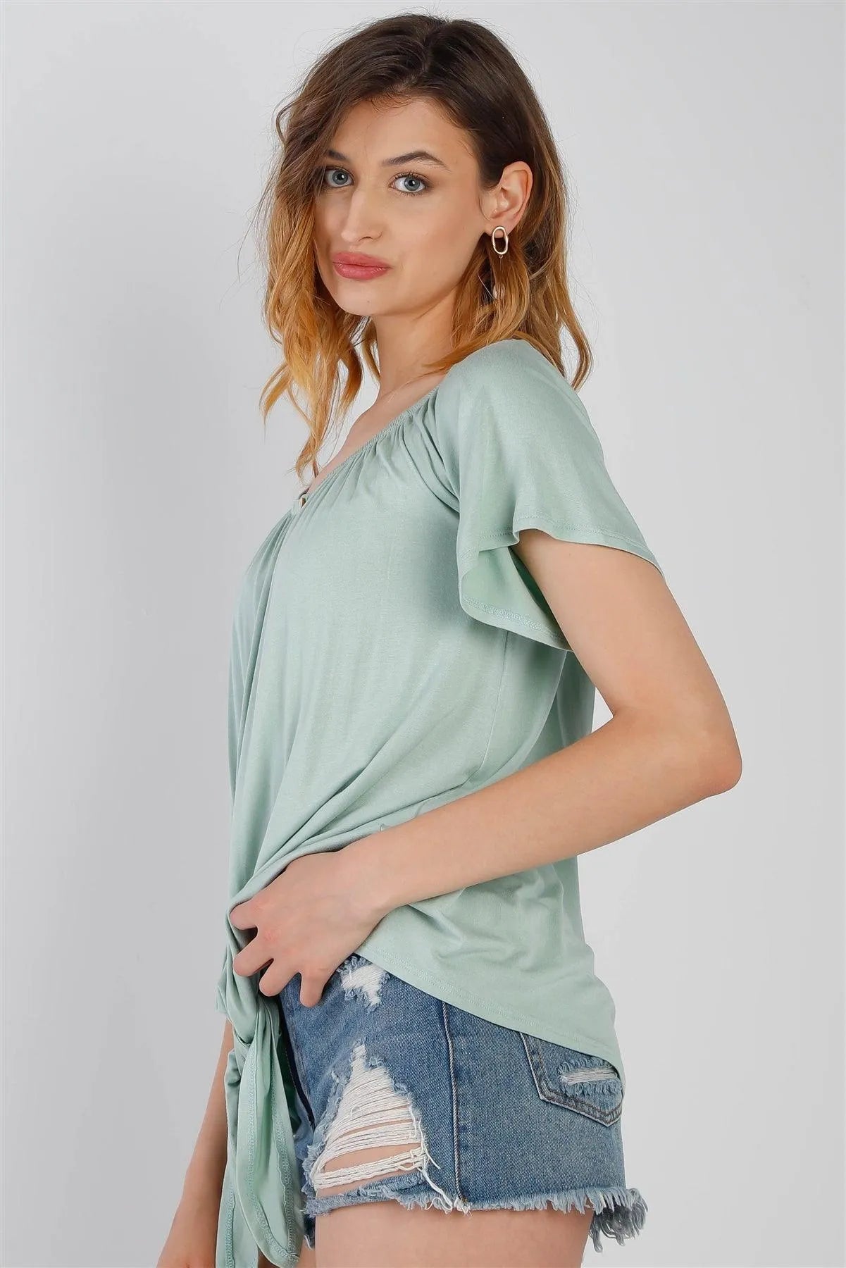 Sage Off-The-Shoulder Button Up Detail Self-Tie Hem Top /1-1-1 - Tasha Apparel Wholesale