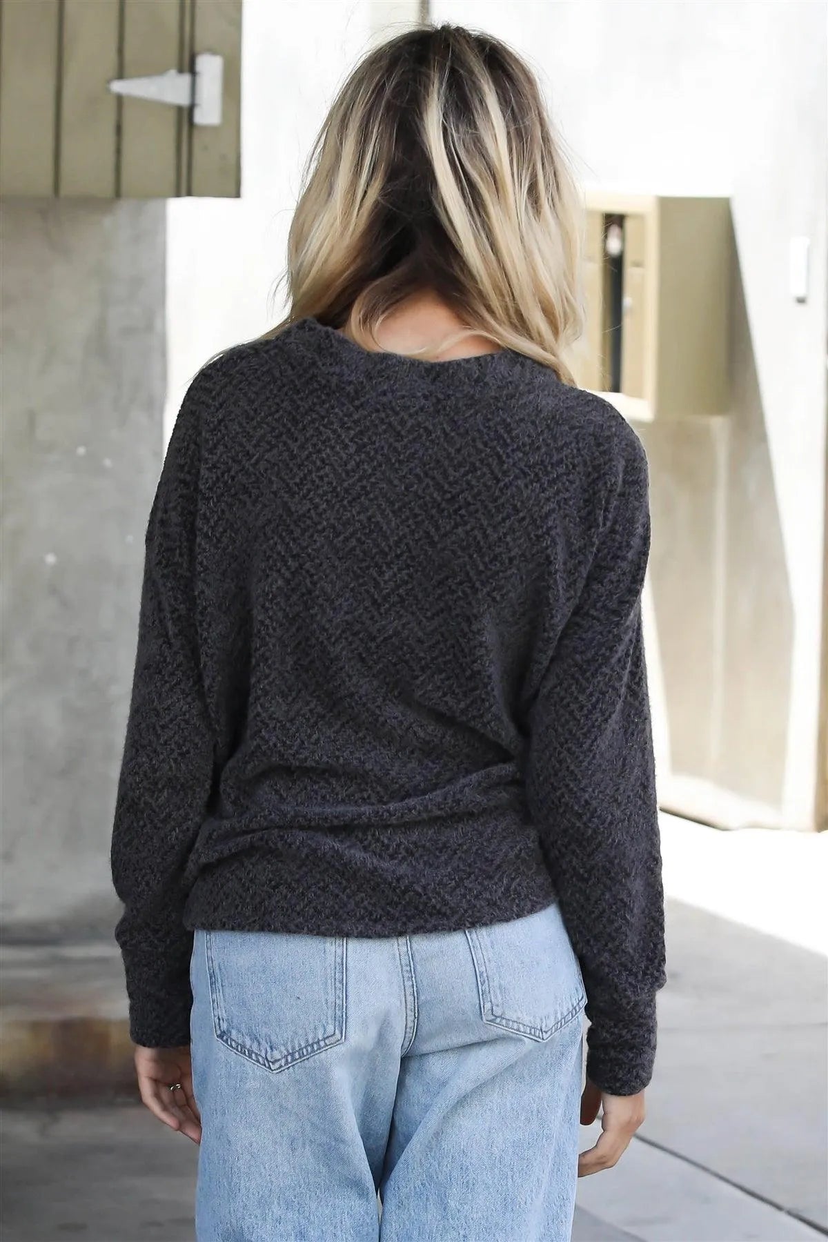 Charcoal Textured Knit Long Sleeve Sweater /1-1-1 - Tasha Apparel Wholesale
