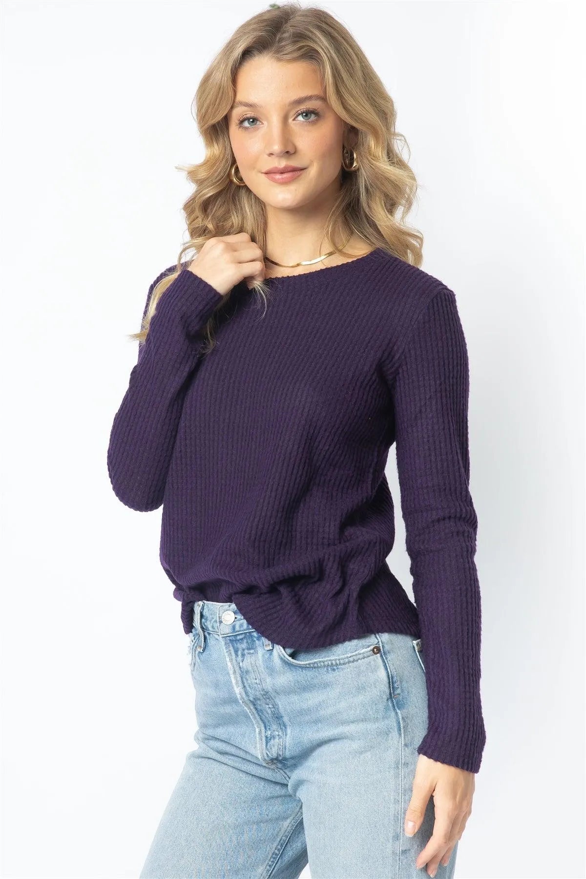 Purple Flannel Waffle Knit Long Sleeve Top /1-2-2 - Tasha Apparel Wholesale
