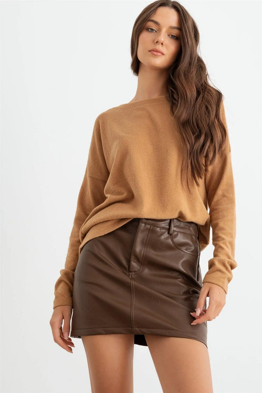 Camel Long Sleeve Crew Neck Soft To Touch Top /1-1-1 - Tasha Apparel Wholesale