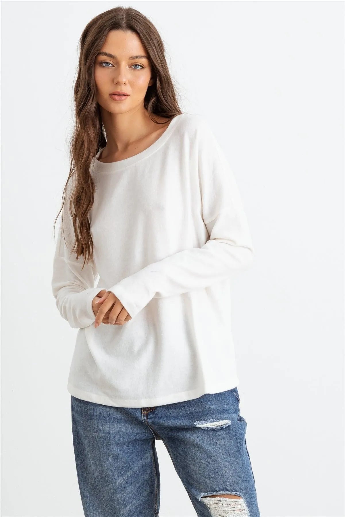 Off-White Long Sleeve Crew Neck Soft To Touch Top - Tasha Apparel Wholesale