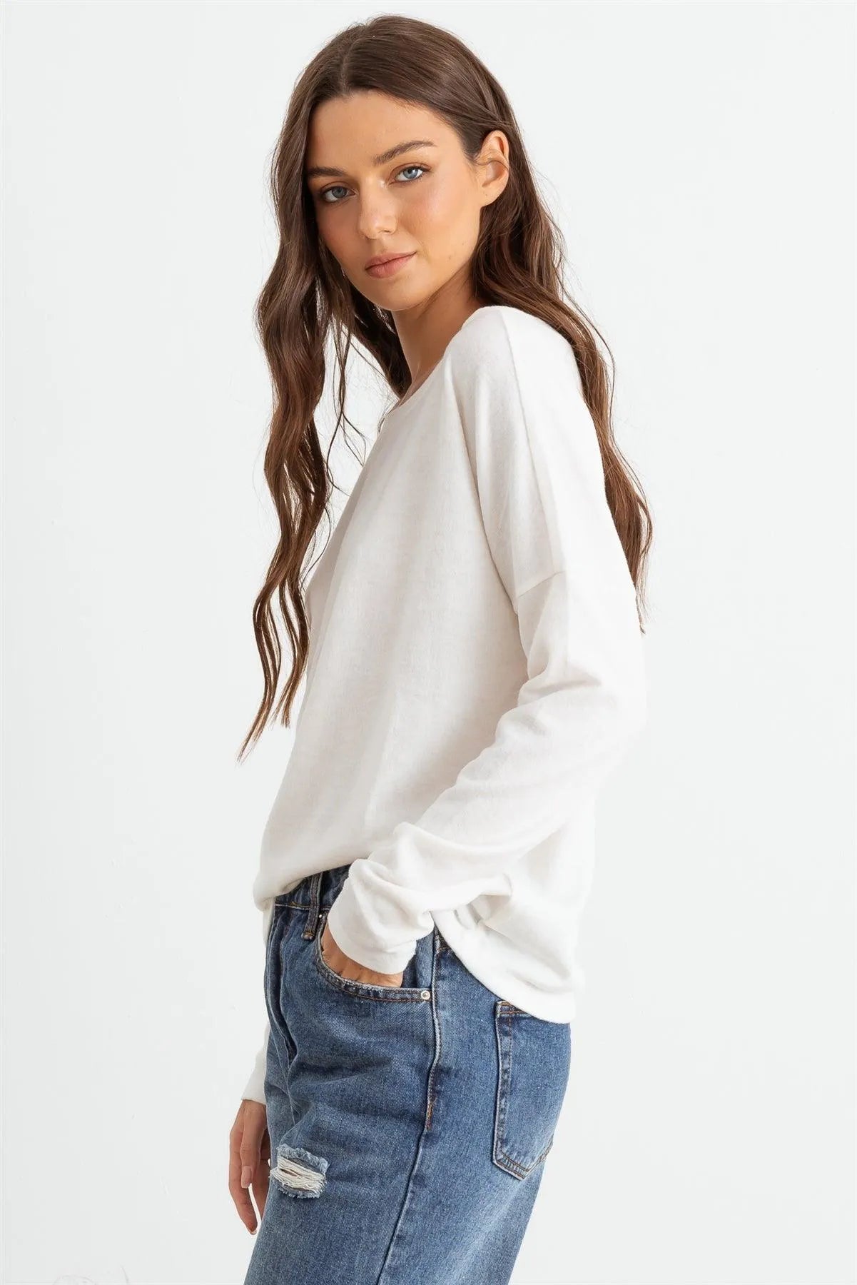 Off-White Long Sleeve Crew Neck Soft To Touch Top - Tasha Apparel Wholesale