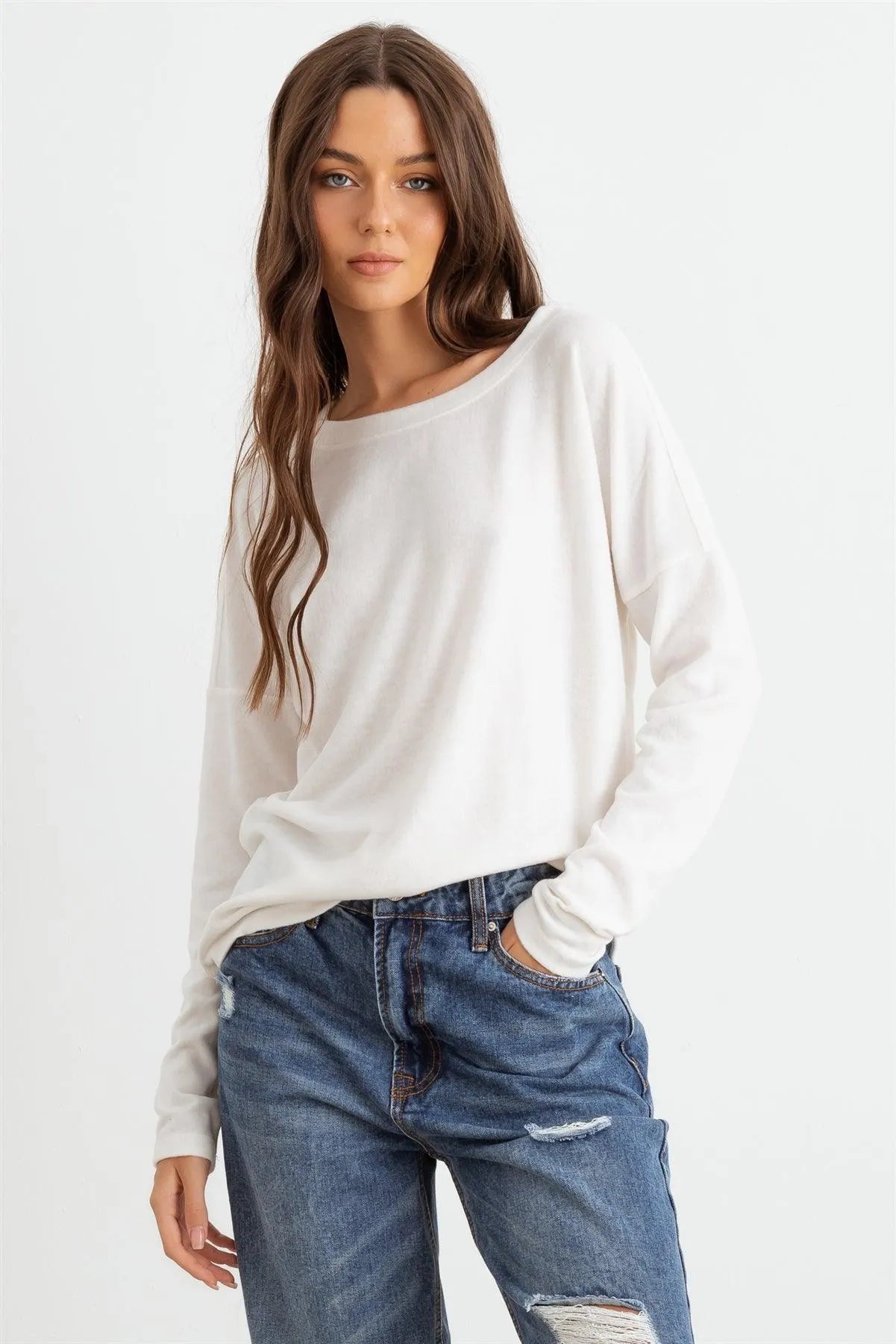 Off-White Long Sleeve Crew Neck Soft To Touch Top - Tasha Apparel Wholesale