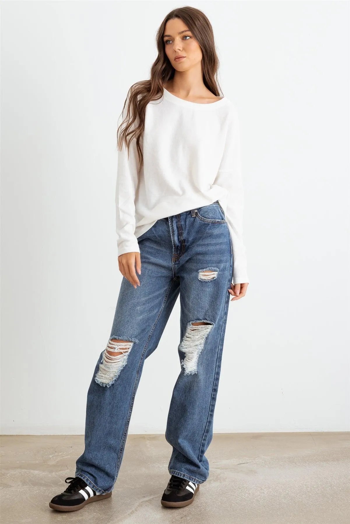 Off-White Long Sleeve Crew Neck Soft To Touch Top - Tasha Apparel Wholesale