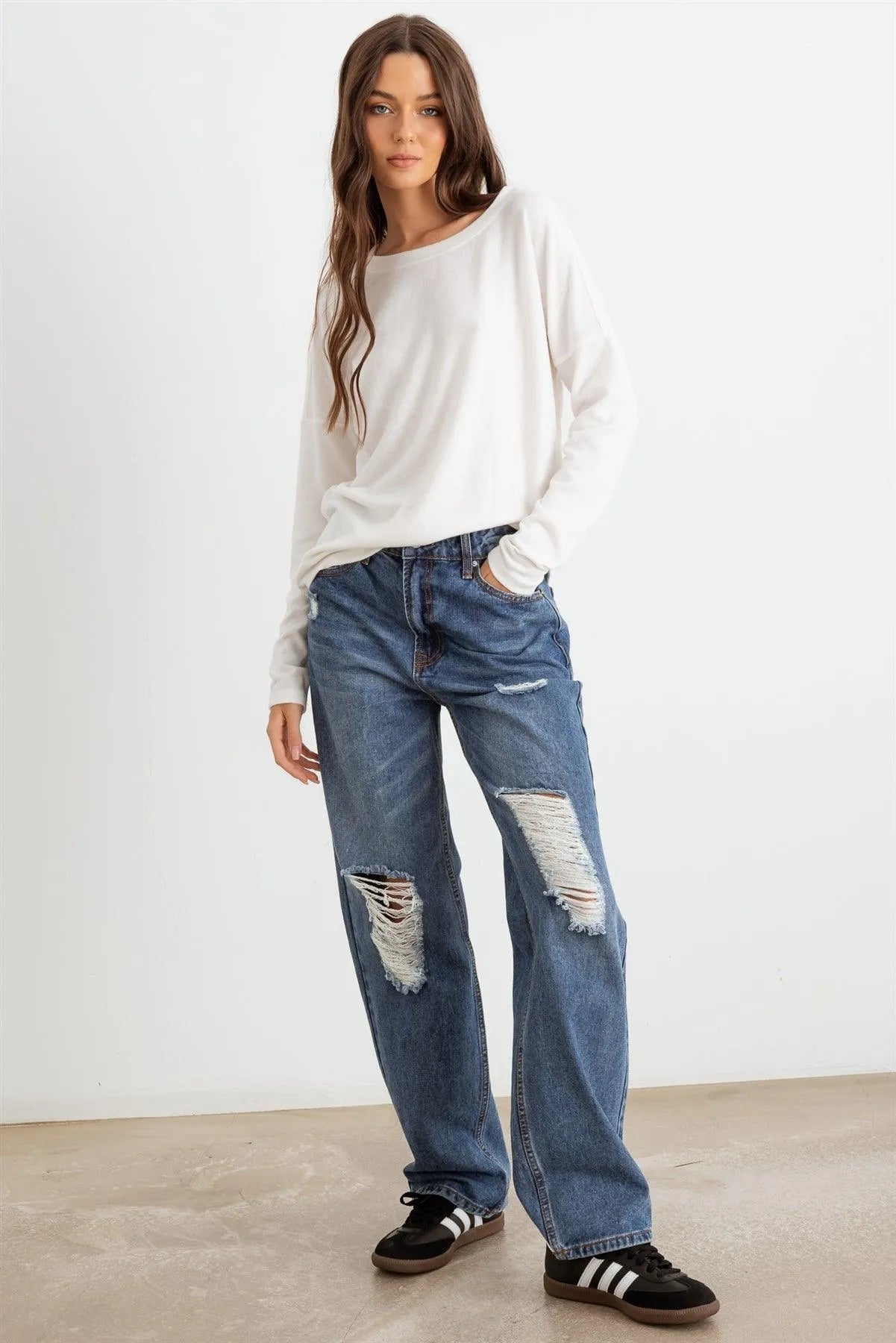 Off-White Long Sleeve Crew Neck Soft To Touch Top - Tasha Apparel Wholesale