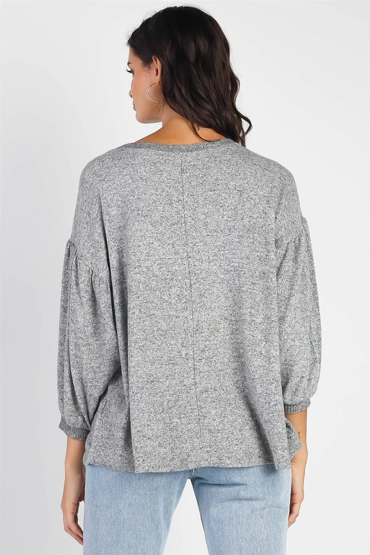 Heather Grey Soft Long Sleeve Puff Ballon Top - Tasha Apparel Wholesale