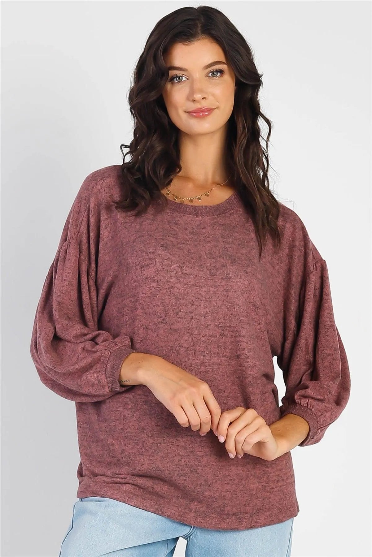 Mauve Long Sleeve Puff Ballon Soft Top - Tasha Apparel Wholesale