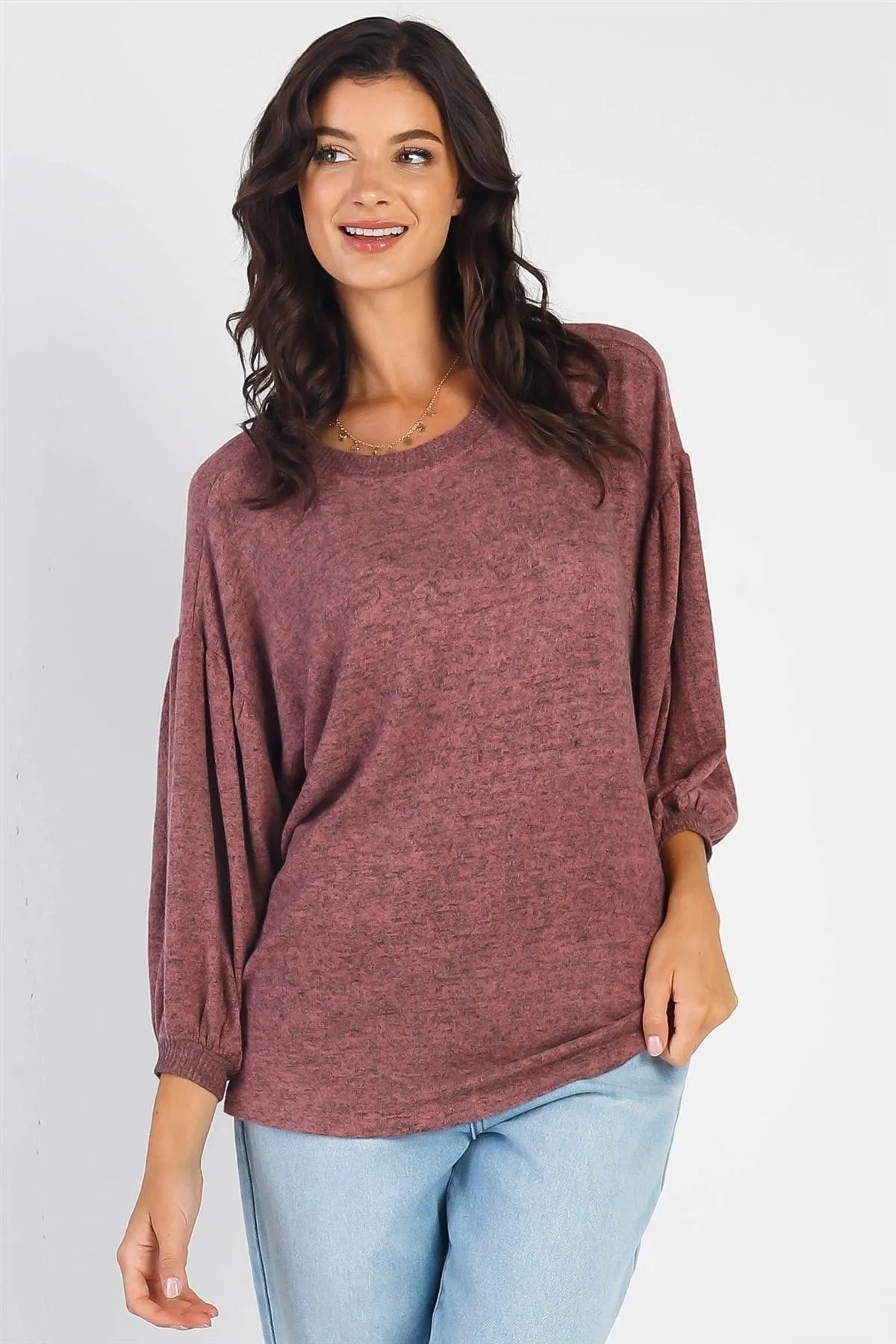 Mauve Long Sleeve Puff Ballon Soft Top - Tasha Apparel Wholesale