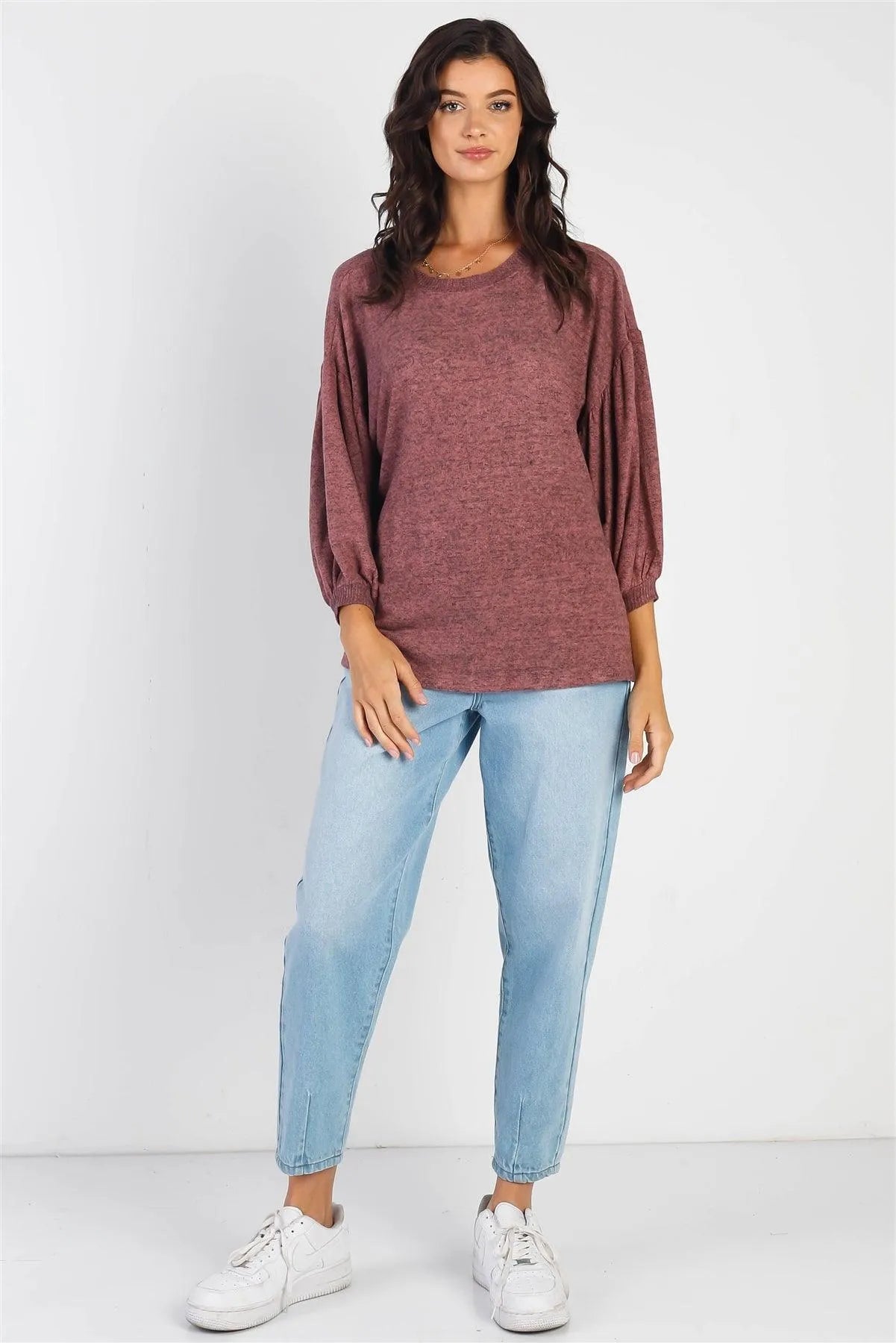 Mauve Long Sleeve Puff Ballon Soft Top - Tasha Apparel Wholesale