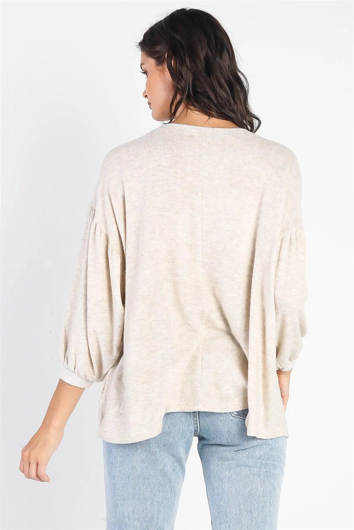 Oatmeal Long Sleeve Puff Ballon Top - Tasha Apparel Wholesale