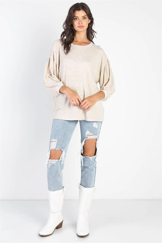 Oatmeal Long Sleeve Puff Ballon Top /1-2-2 - Tasha Apparel Wholesale