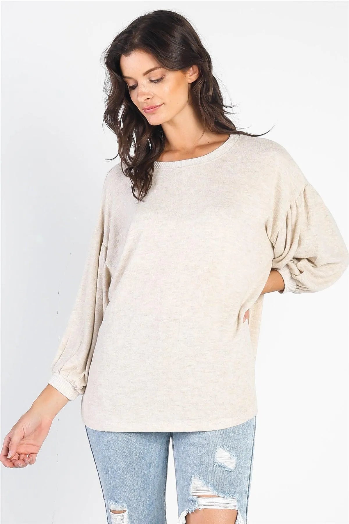 Oatmeal Long Sleeve Puff Ballon Top /1-2-2 - Tasha Apparel Wholesale