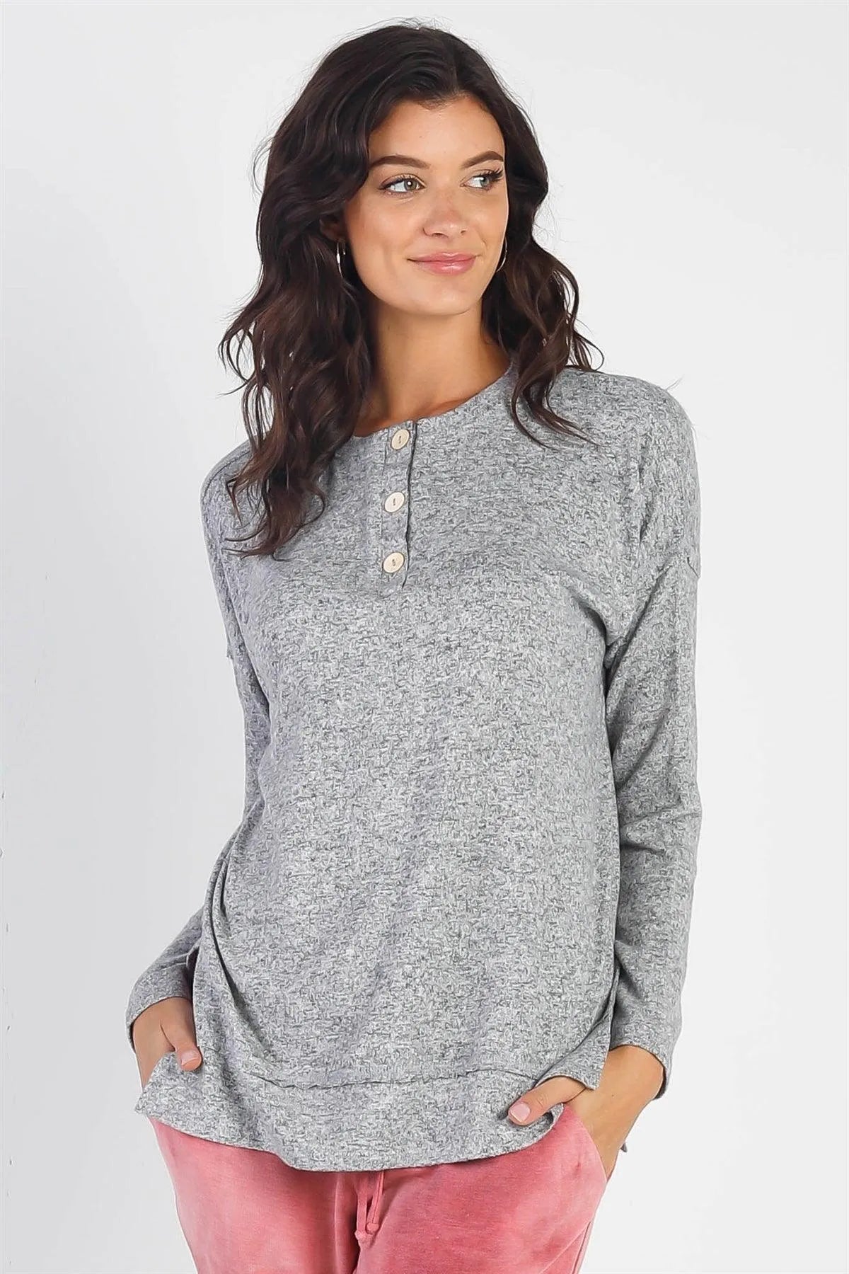 Heather Grey Basic Flannel Button-Up Trim Sweatshirt /1-1-1 - Tasha Apparel Wholesale