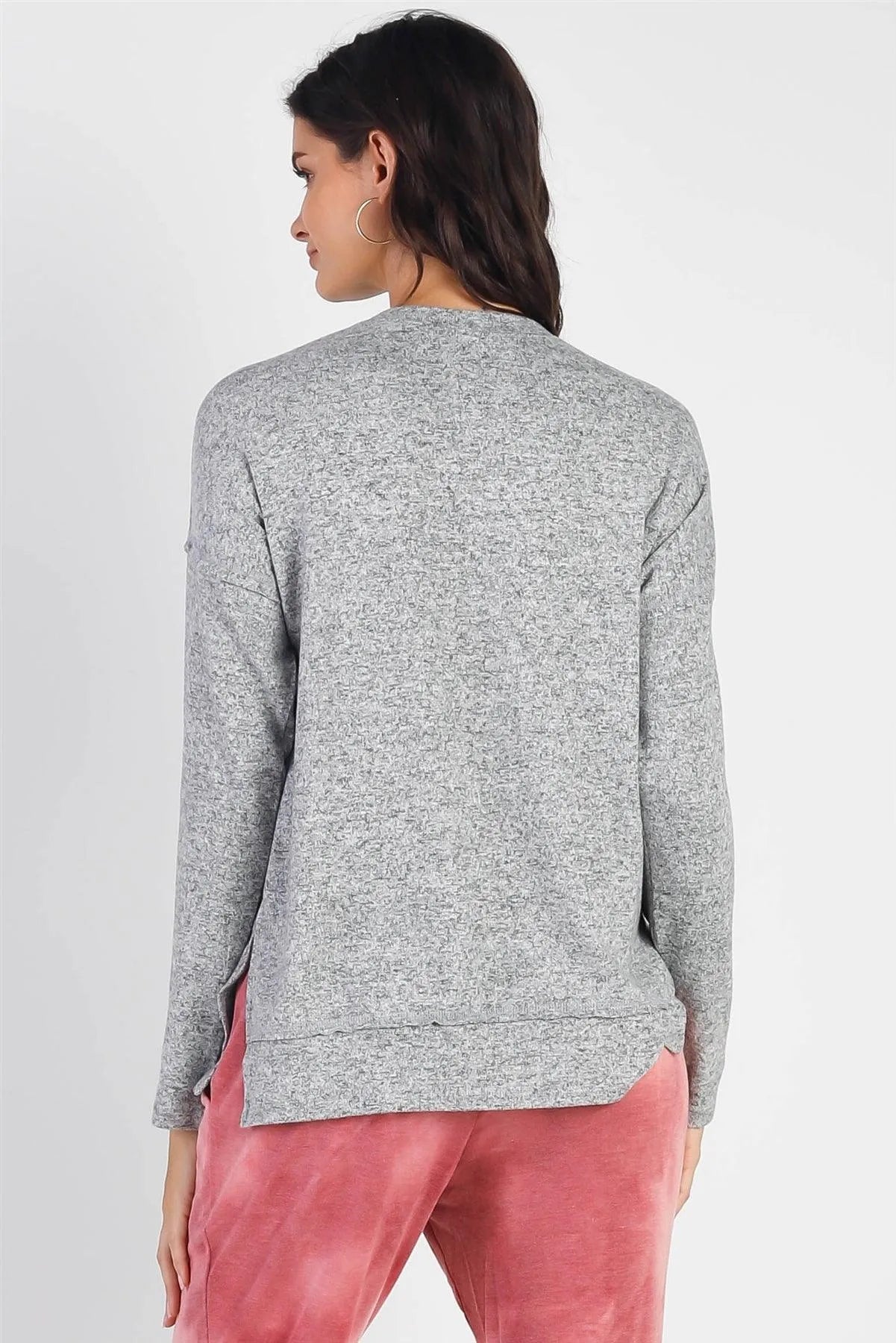 Heather Grey Basic Flannel Button-Up Trim Sweatshirt /1-1-1 - Tasha Apparel Wholesale