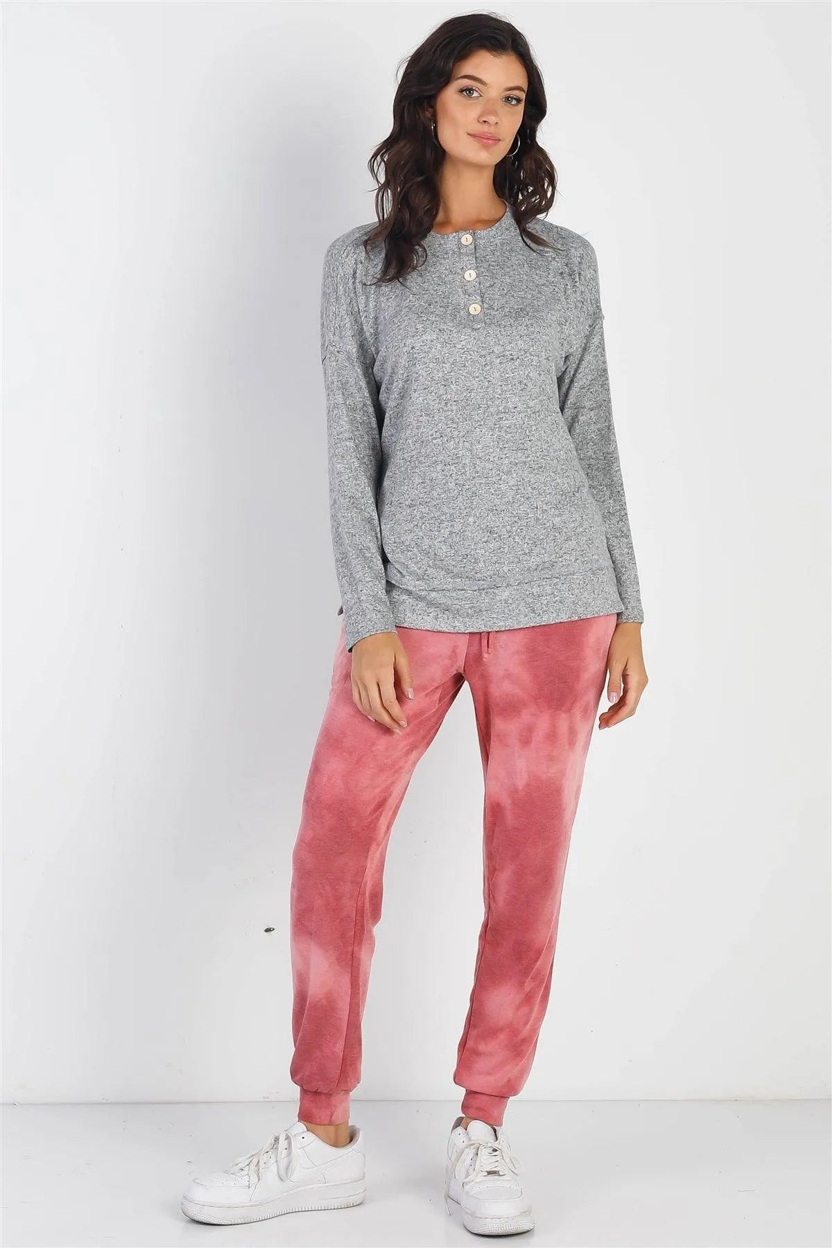 Heather Grey Basic Flannel Button-Up Trim Sweatshirt /1-1-1 - Tasha Apparel Wholesale