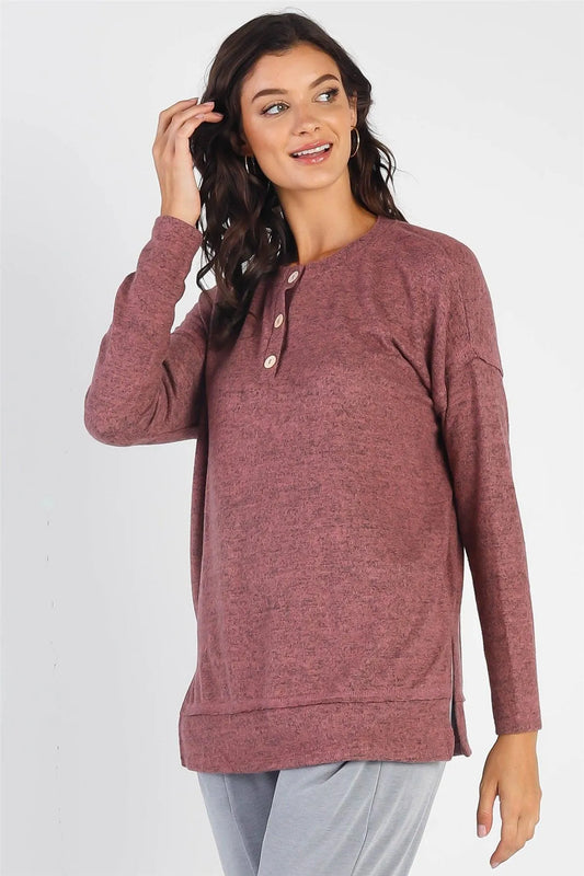 Mauve Flannel Button-Up Trim Long Sleeve Top - Tasha Apparel Wholesale