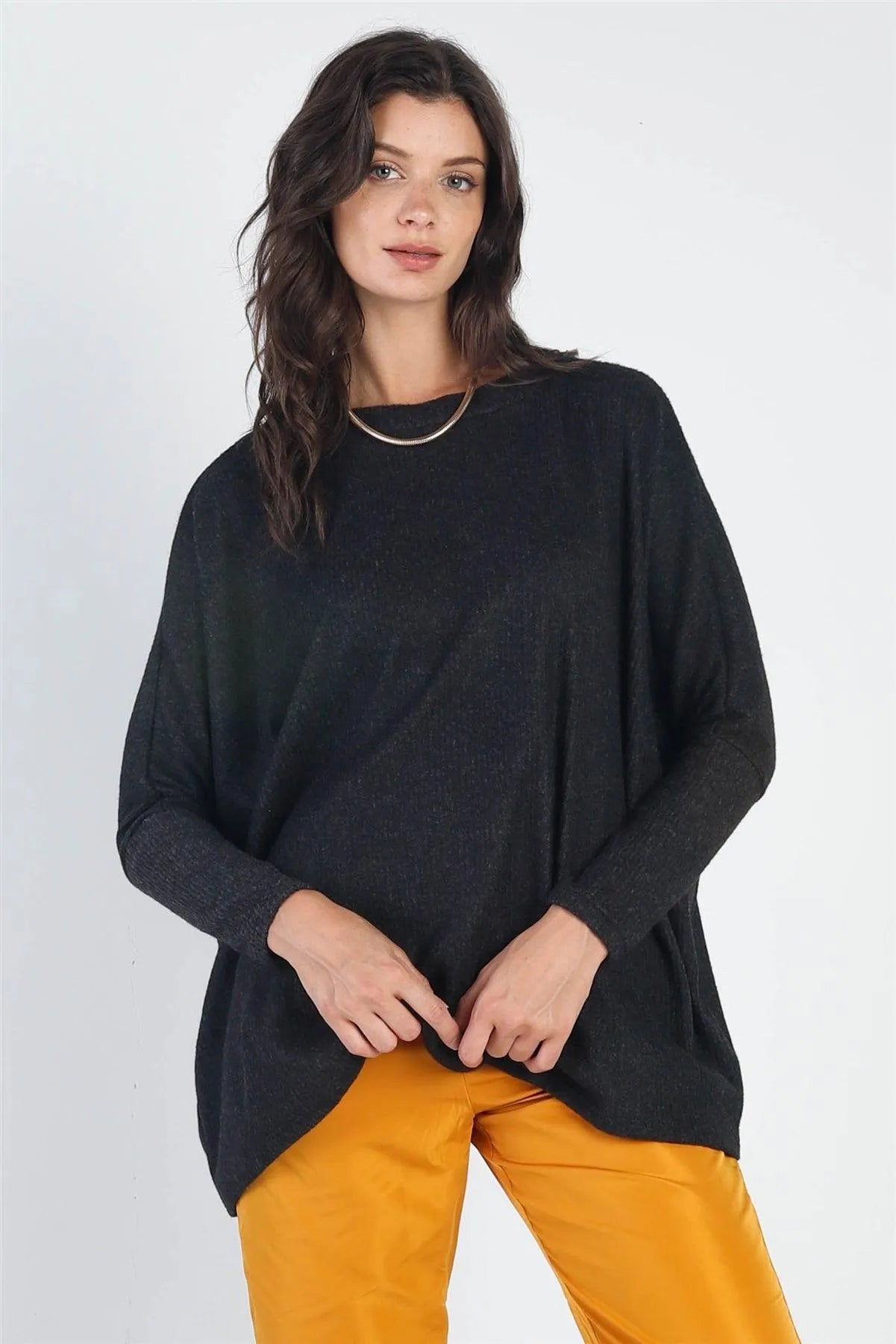 Charcoal Flannel Ribbed Dolman Sleeve Sweater - Tasha Apparel Wholesale
