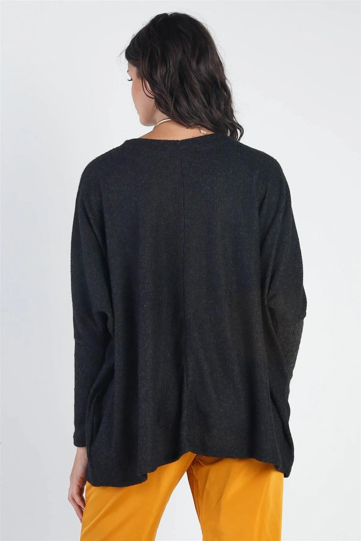 Charcoal Flannel Ribbed Dolman Sleeve Sweater - Tasha Apparel Wholesale