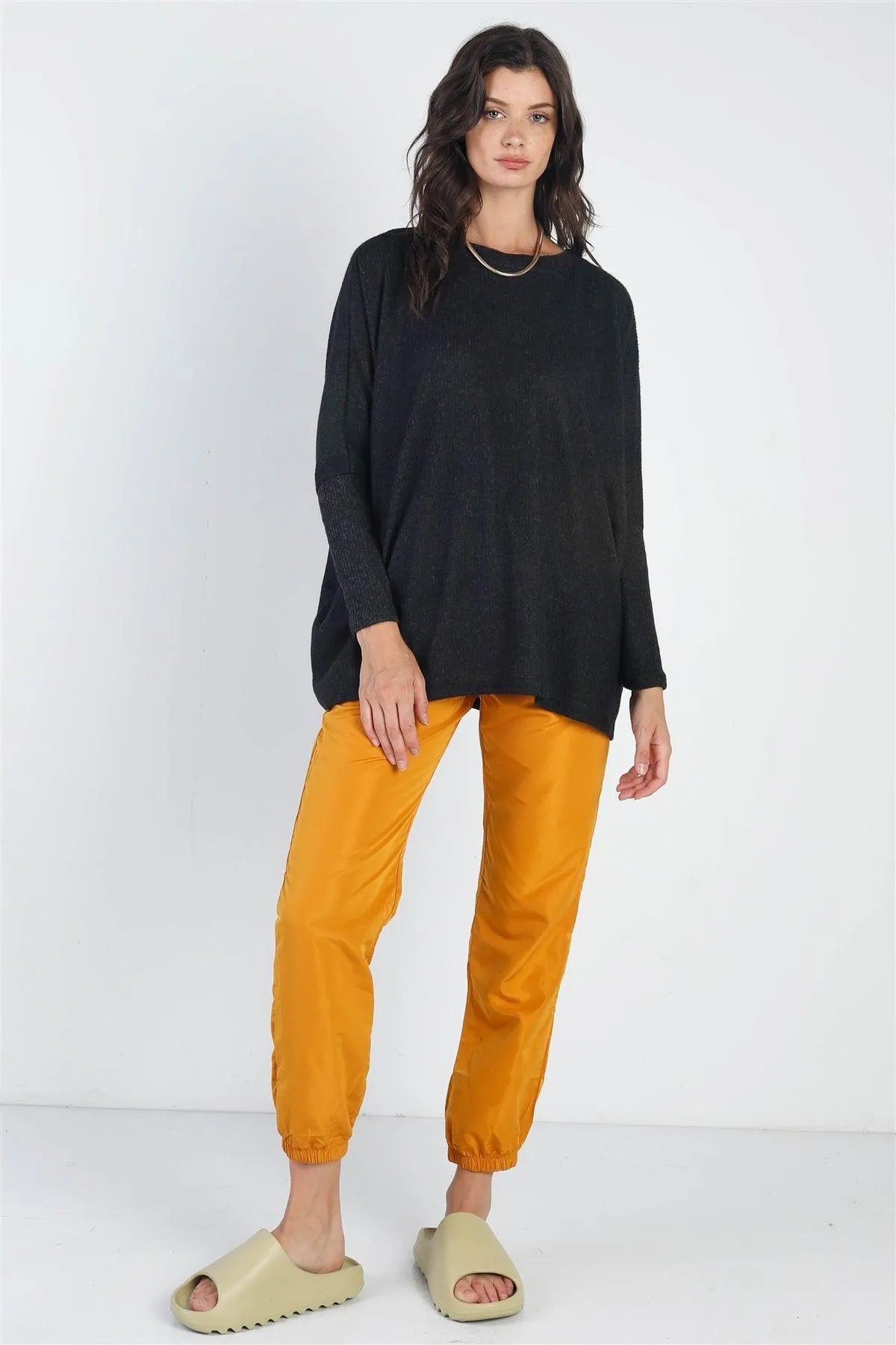 Charcoal Flannel Ribbed Dolman Sleeve Sweater - Tasha Apparel Wholesale