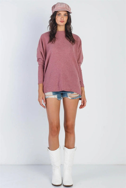 Dusty Rose Flannel Ribbed Dolman Sleeve Sweater /1-1-1 - Tasha Apparel Wholesale