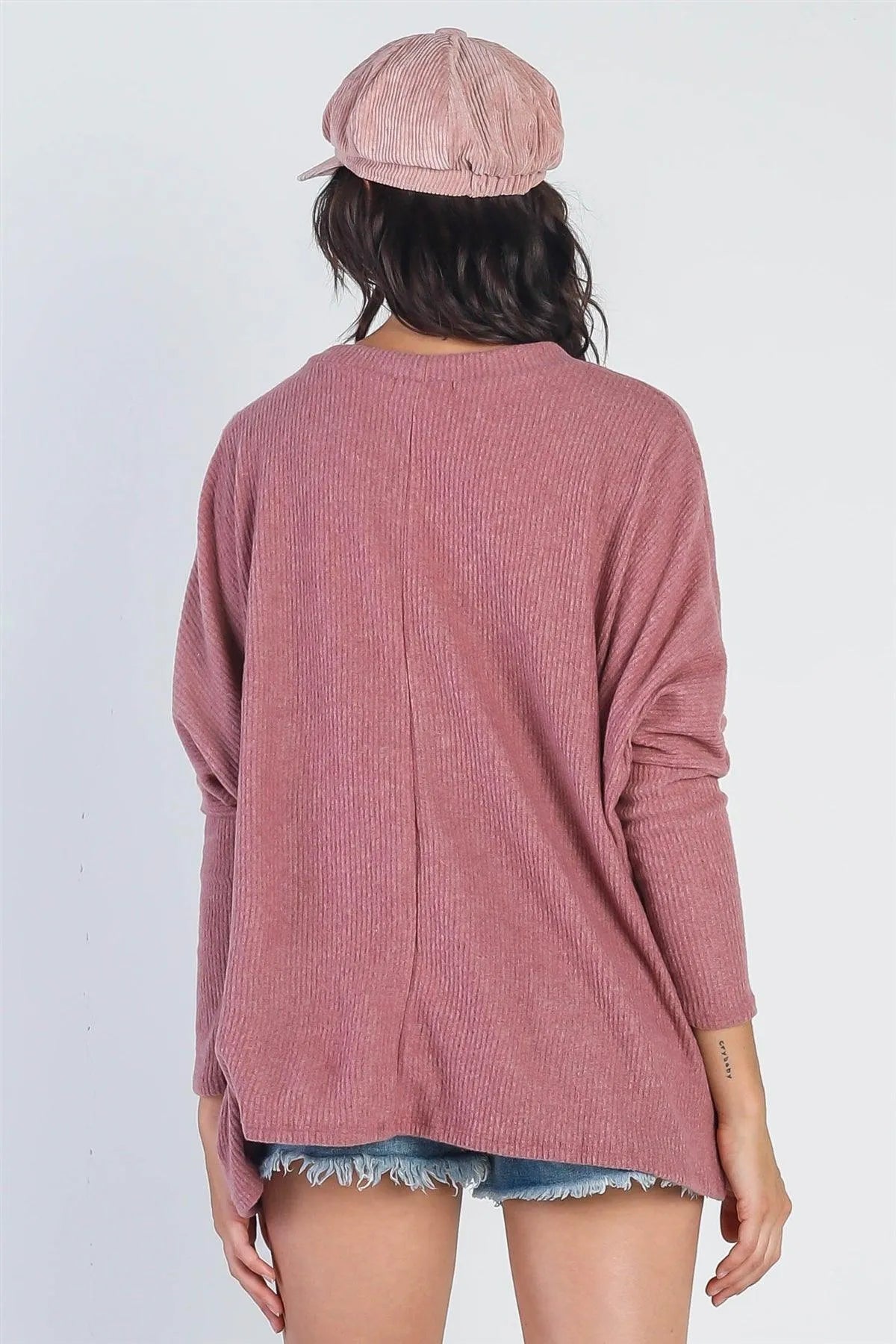 Dusty Rose Flannel Ribbed Dolman Sleeve Sweater /3-2 - Tasha Apparel Wholesale