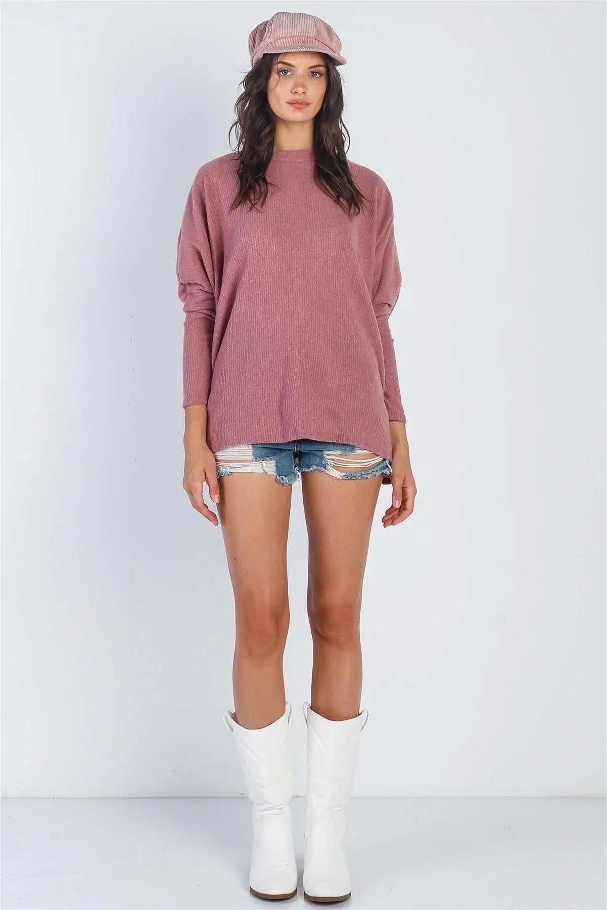 Dusty Rose Flannel Ribbed Dolman Sleeve Sweater /3-2 - Tasha Apparel Wholesale