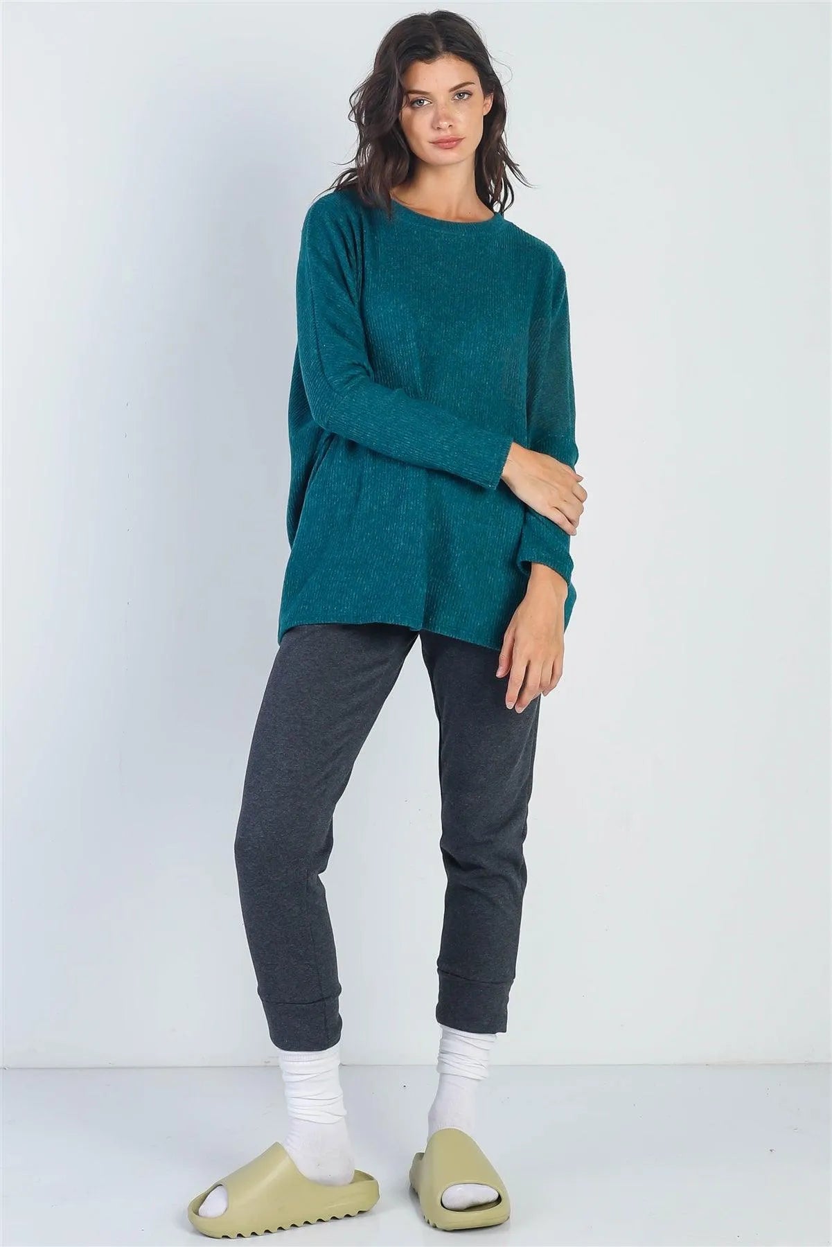 Hunter Green Flannel Ribbed Dolman Sleeve Top - Tasha Apparel Wholesale