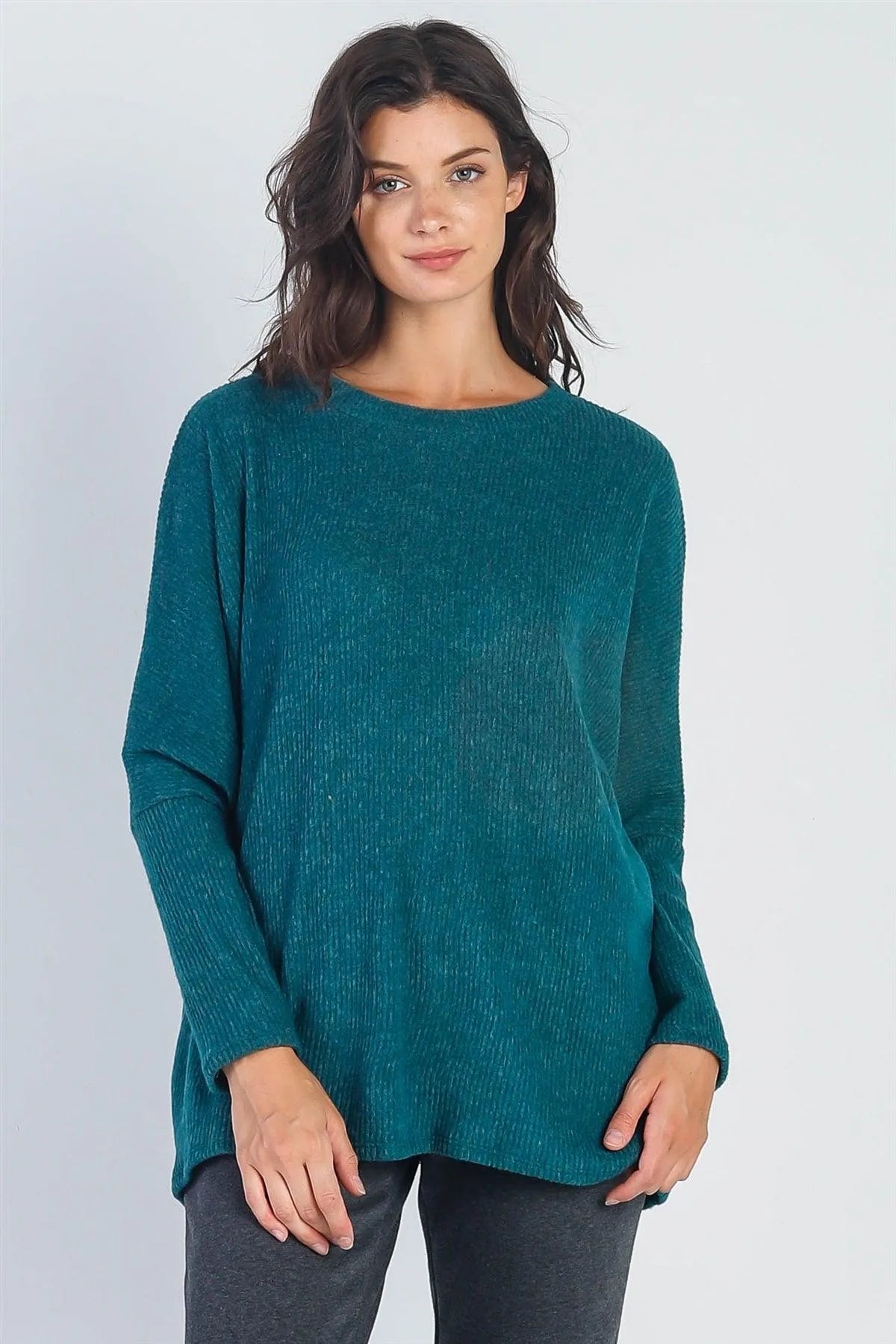 Hunter Green Flannel Ribbed Dolman Sleeve Sweater /1-2 - Tasha Apparel Wholesale