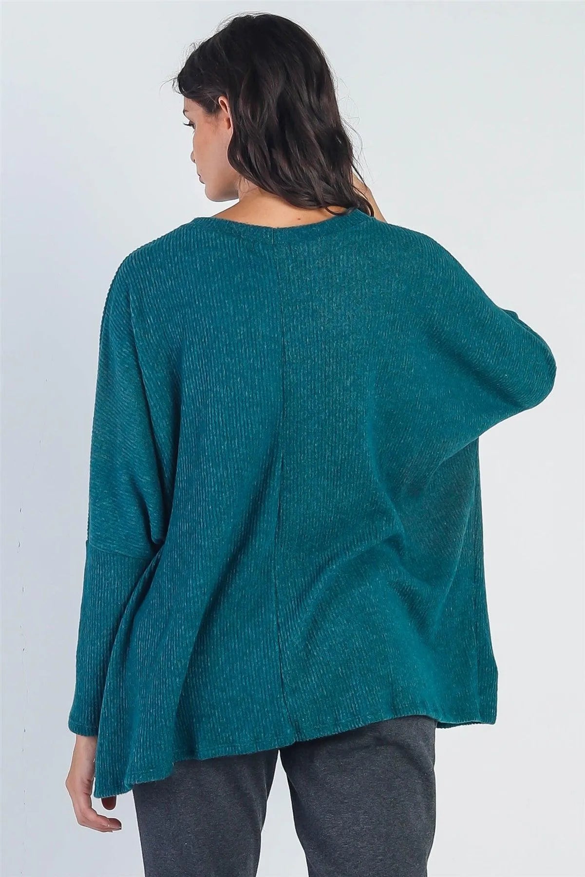 Hunter Green Flannel Ribbed Dolman Sleeve Sweater /1-2 - Tasha Apparel Wholesale