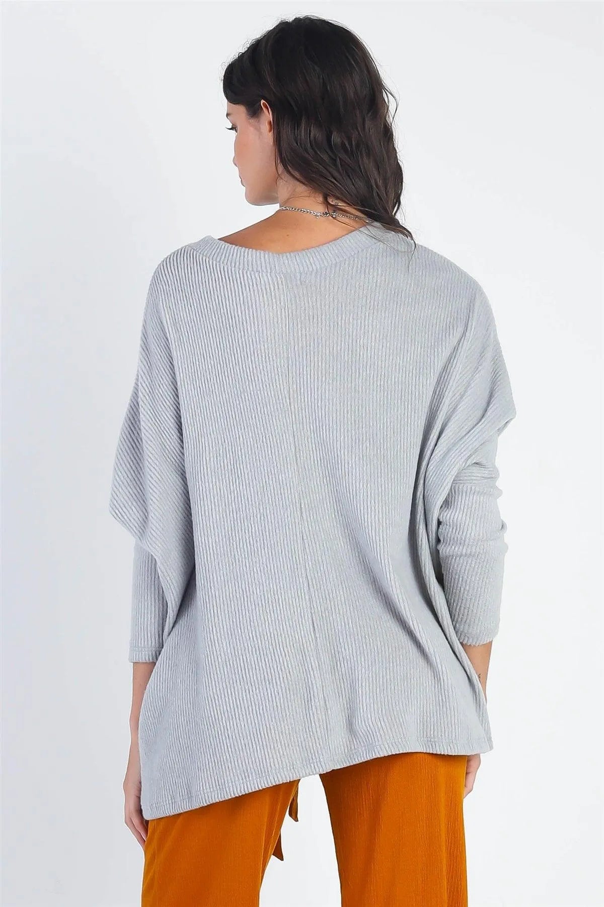 Heather Grey Flannel Ribbed Dolman Sleeve Knit Top - Tasha Apparel Wholesale