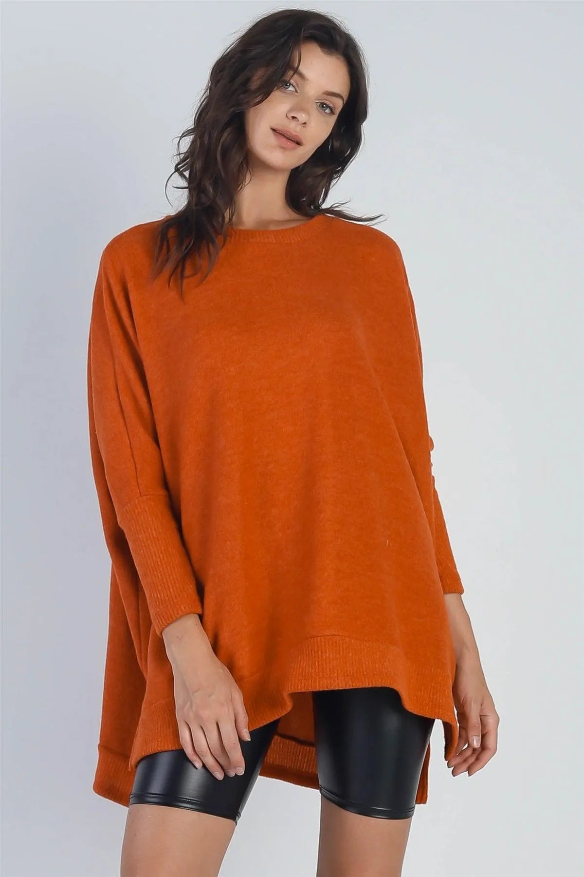 Brick Red Flannel Dolman Midi Sleeve Sweater /1-1-1 - Tasha Apparel Wholesale