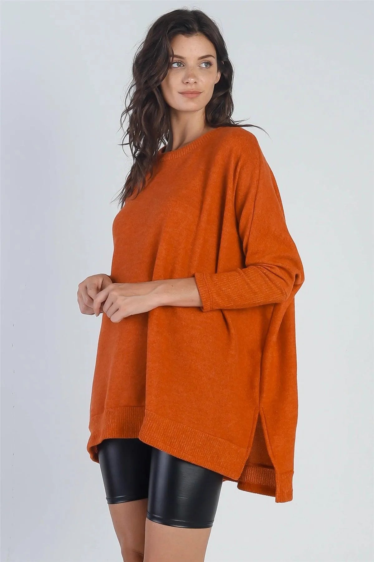 Brick Red Flannel Dolman Midi Sleeve Sweater /1-1-1 - Tasha Apparel Wholesale